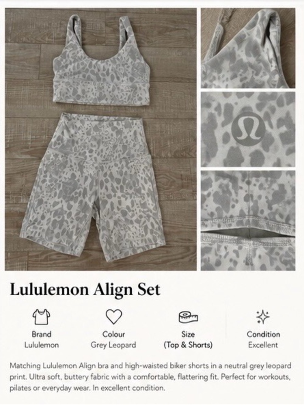 Lululemon Align Gray Leopard Print Matching Set | Bra + Biker Shorts